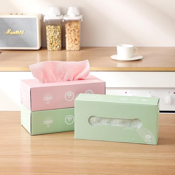 20 Pcs Disposable Cleaning Clothes with Dispenser Box | Cleaning Towels, Microfiber Towel | Reusable Dish Clothes | Lazy Rags Car Wipes | Multi-Purpose Cleaning Clothes (Random Color)