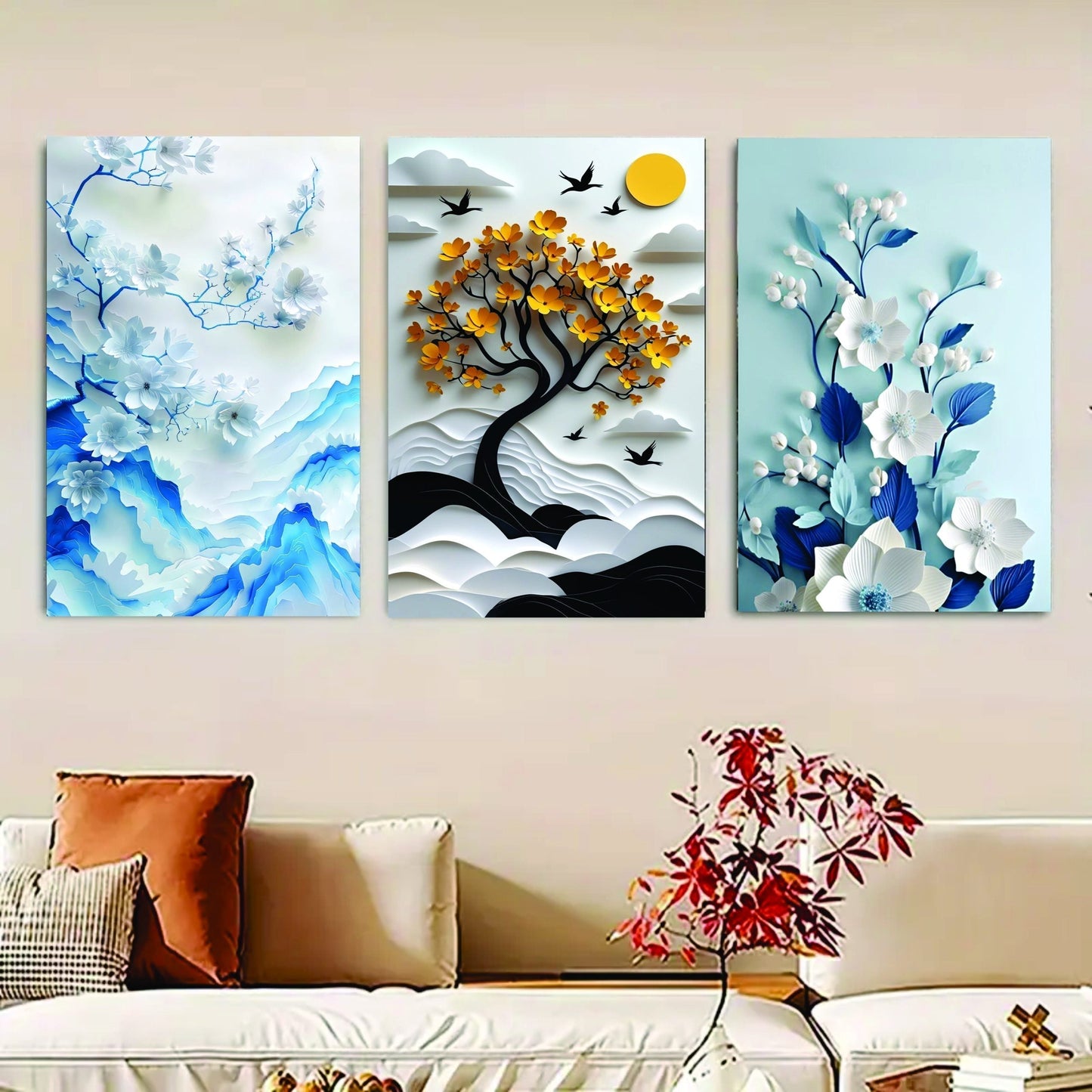 set of 3 Flower Tree art wooden frames for wall decoration / sticky photo tile